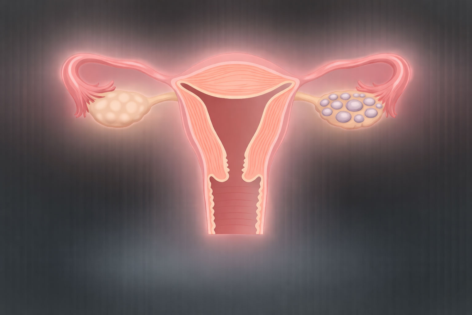 Σχηματική απεικόνιση γυναικείου αναπαραγωγικού συστήματος με φυσιολογική ωοθήκη (αριστερά) και ωοθήκη με πολυκυστική μορφολογία (δεξιά).